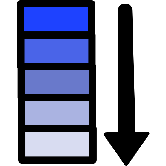 an image with black line art shows a rectangle broken up vertically into 5 segments. The first is a dark saturated  blue, and the following segments get progressively lighter and duller. To the left of the rectangle is an arrow that widens slightly as it travels down. 